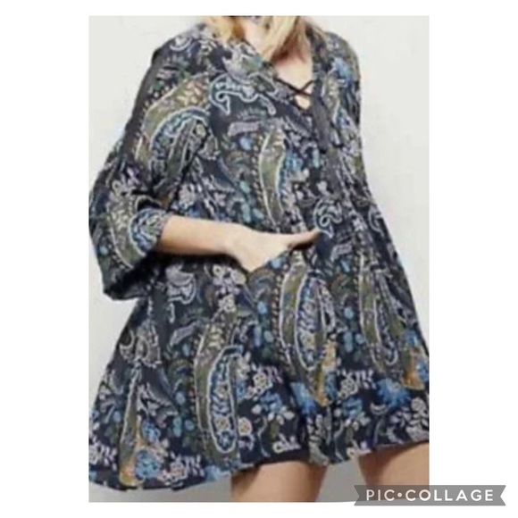 Free People Rain Or Shine Lace-Up Gray Paisley Floral Mini Dress Size Small - Picture 3 of 14